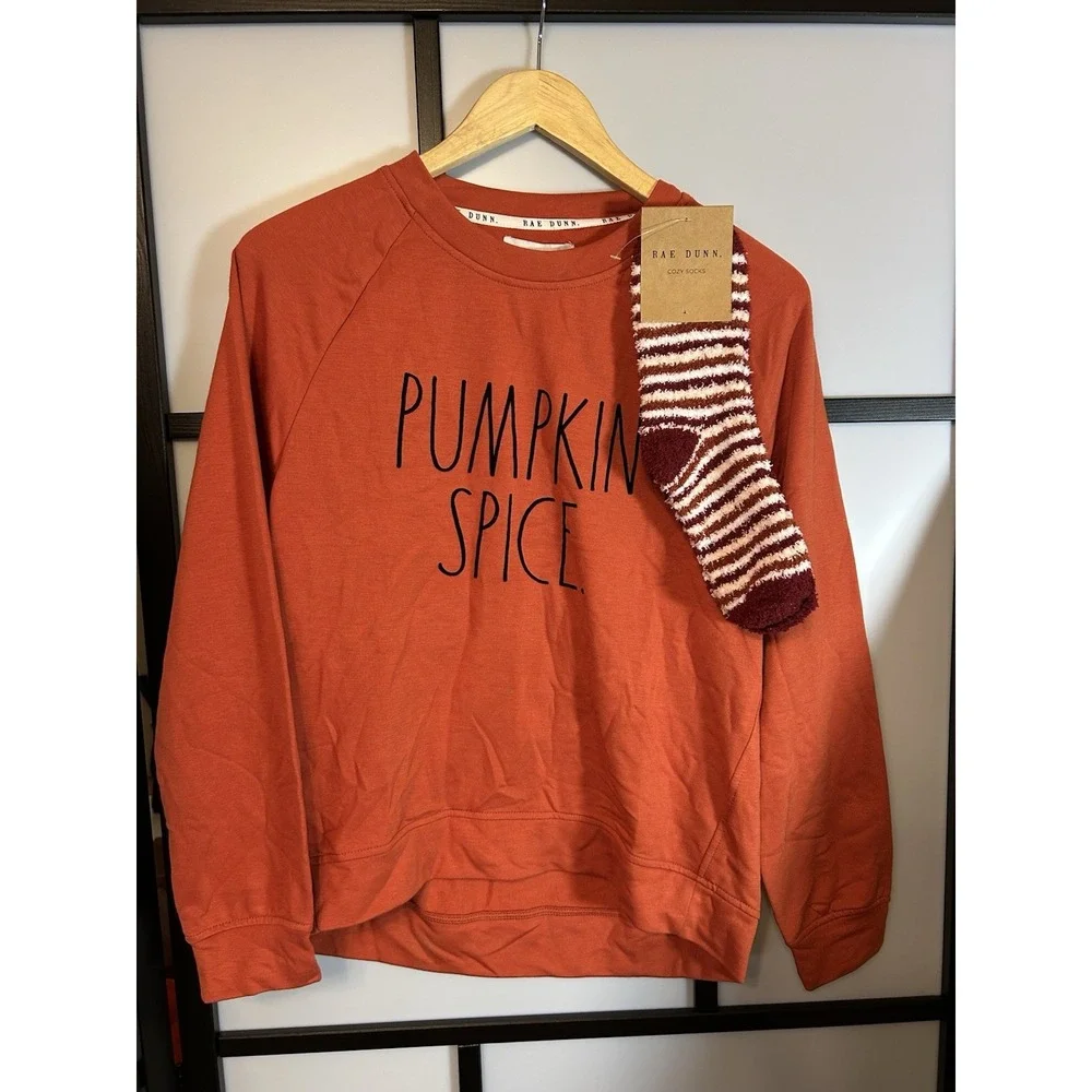 Rae Dunn Orange Pumpkin Spice Fleece Lined Sweatshirt & Socks Women's Size S NWT - Picture 2 of 9